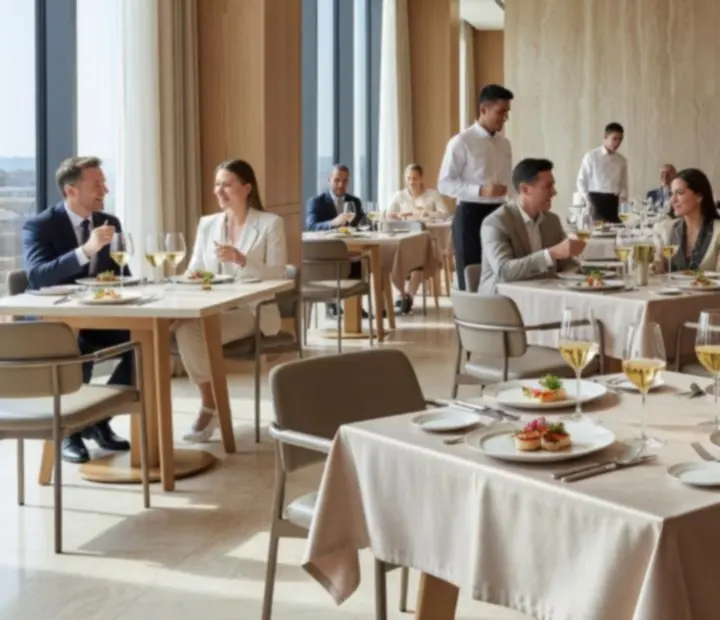 Elegánsan terített asztal gourmet fogásokkal és hangulatos fényekkel a Rendezvenyhub éttermében