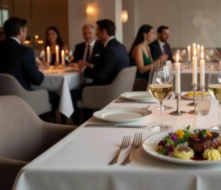 Gourmet vacsora est elegánsan terített asztalokkal, fine dining fogásokkal