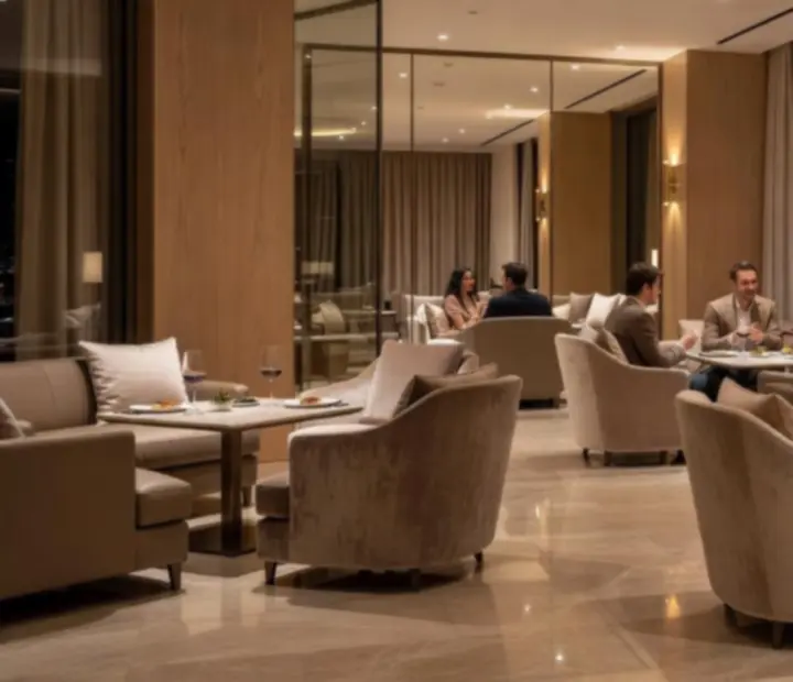 Elegáns lounge belső, meleg fényekkel és kortárs bútorokkal