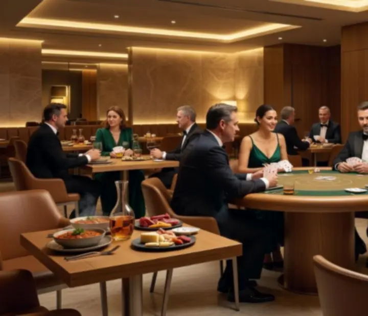 Elegáns, gyertyafényes poker asztal gourmet fogásokkal egy budapesti étteremben