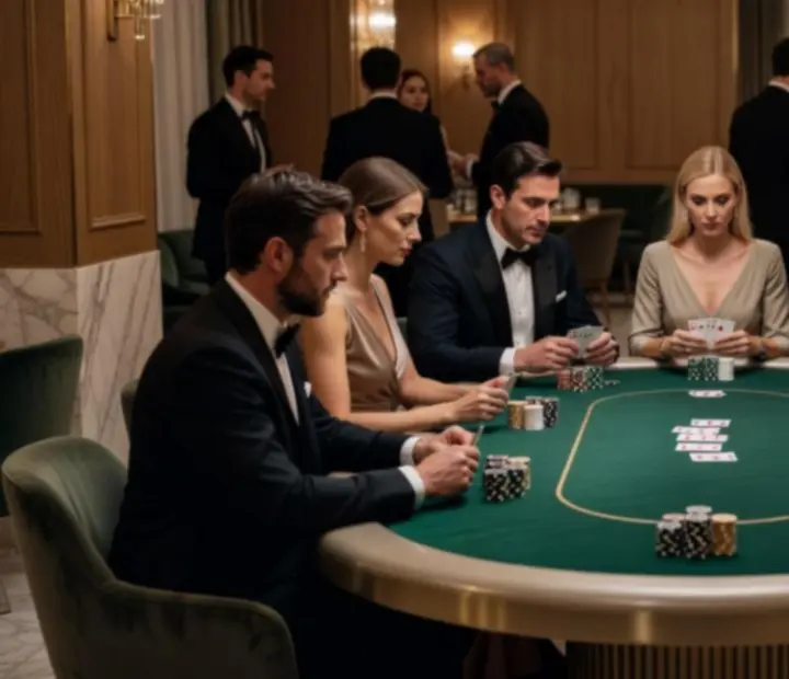 Meghívásos poker bajnokság játékban lévő zsetonokkal és elegáns asztallal